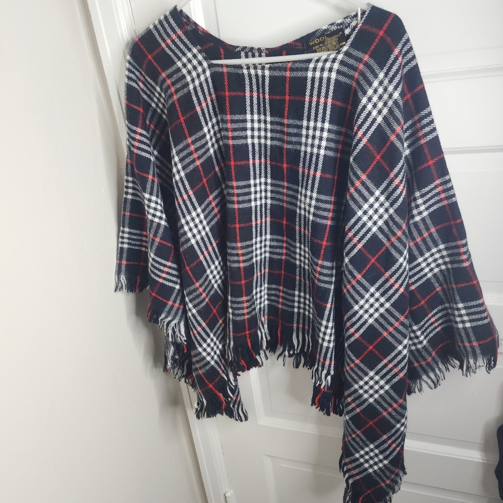 Plaid Wool Poncho Black Red White